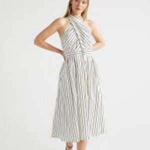 New! Scoop cotton white with black striped criss-cross belted halter midi dress